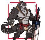  2022 abs absurd_res anthro arm_wraps artist_name barazoku belt biceps big_bulge big_muscles border bulge claws clothing darknaigart digitigrade dragon gem harness hi_res horn huge_muscles leg_wrap male melee_weapon muscular muscular_anthro muscular_male navel obliques pecs red_border scales scalie scar simple_background smile solo standing sword teeth thong underwear warrior weapon white_background wraps 