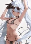  1girl arm_up bangs bikini black_gloves black_ribbon blue_archive blush breasts chikoku closed_mouth dark-skinned_female dark_skin eyewear_on_head gloves grey_hair hair_ribbon halo highres iori_(blue_archive) iori_(swimsuit)_(blue_archive) long_hair looking_at_viewer red_eyes ribbon simple_background small_breasts solo sunglasses swimsuit tail twintails very_long_hair 