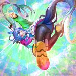  1girl ass foreshortening from_below grin leggings long_hair multicolored_background pantyhose perspective sharp_teeth shiroi_karasu simple_background smile solo teeth tree twin_turbo_(umamusume) twintails umamusume v very_long_hair 