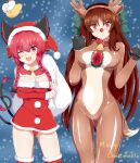  2girls absurdres animal_costume antlers bell bodysuit breasts christmas christmas_ornaments christmas_tree cleavage contrapposto dress fake_antlers fur-trimmed_dress fur-trimmed_headwear fur_trim gift hat highres holding holding_sack kaenbyou_rin merry_christmas multiple_girls reindeer reindeer_costume reiuji_utsuho sack santa_costume santa_hat seo_haruto snow tail touhou 
