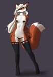  breasts canid canine clothed clothing female feretta flo&#039;rael fox fur hair hi_res legwear looking_at_viewer mammal orange_body orange_fur panties simple_background small_breasts stockings topless underwear white_body white_fur white_hair yellow_eyes 