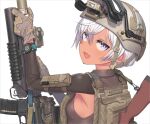  1girl :d arm_up armpit_cutout bangs breasts brown_gloves brown_headwear brown_shirt clothing_cutout commentary_request fang from_behind gloves gun hair_between_eyes helmet holding holding_gun holding_weapon looking_at_viewer looking_back original purple_eyes samaru_(seiga) shirt short_hair simple_background small_breasts smile solo upper_body weapon weapon_request white_background white_hair 