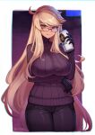  1girl alma_armas arm_under_breasts black-framed_eyewear black_gloves black_pants blonde_hair breasts brown_eyes dark-skinned_female dark_skin glasses gloves highres large_breasts long_hair long_sleeves pants psidubs ribbed_sweater smile solo sweater twitter_username va-11_hall-a 