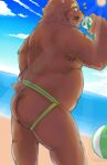  2022 absurd_res anthro ball beach beard belly butt clothing cloud detailed_background facial_hair furipon hi_res humanoid_hands jockstrap kemono male mammal mature_male moobs mustache outside overweight overweight_male seaside solo sun underwear ursid water 