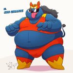  2022 anthro belly big_belly blue_body bulge clothed clothing didelphid duo humanoid_hands leonthelionel male mammal marsupial mask spanish_text suid suina sus_(pig) text tongue tongue_out wild_boar wrestler 