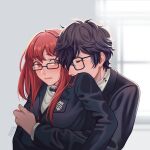  1boy 1girl absurdres amamiya_ren artist_name bangs black-framed_eyewear black_hair black_jacket blush closed_eyes commentary english_commentary glasses highres hug hug_from_behind indoors jacket long_hair long_sleeves looking_at_another persona persona_5 persona_5_the_royal pocket red_eyes red_hair school_uniform shirt short_hair shuujin_academy_uniform upper_body white_shirt yoshizawa_sumire yura_s_arts 