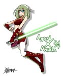  1girl artist_name bangs bare_shoulders blue_eyes blush boots borrowed_character breasts closed_mouth commentary_request drop_shadow energy_sword fingerless_gloves gloves green_hair hair_between_eyes highres holding holding_sword holding_weapon knee_boots kumo_(kumo8159) lightsaber looking_at_viewer original pantyhose red_footwear red_gloves red_skirt simple_background skirt small_breasts solo sword weapon white_background white_pantyhose yunomiya_agari 