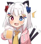  1girl :d ^^^ alcohol animal_ear_fluff animal_ears beer beer_mug black_vest blue_bow blue_eyes blush bow cat_ears cat_girl cat_tail collared_shirt commentary_request cup drawstring fangs hair_bow hair_ornament hairclip heterochromia highres holding holding_cup hood hood_down hooded_jacket jacket looking_at_viewer mug muku_(muku-coffee) multiple_tails necktie open_clothes open_jacket original pink_jacket red_bow red_eyes shirt simple_background smile solo sweat tail two_tails upper_body vest white_background white_shirt yellow_necktie 