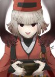  1girl bangs black_eyes blunt_bangs blush breasts cup disembodied_limb fate/grand_order fate_(series) ghost_hands grey_hair hat highres iron_samurai japanese_clothes kimono long_sleeves looking_at_viewer open_mouth red_headwear red_kimono sen_no_rikyu_(fate) short_hair small_breasts smile solo_focus tassel wide_sleeves yunomi 