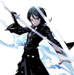  1girl black_hair bleach blue_eyes breasts cofffee hair_between_eyes ice japanese_clothes kuchiki_rukia looking_at_viewer shinigami short_hair small_breasts sode_no_shirayuki_(shikai) solo sword weapon 