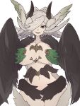  1girl bangs black_feathers black_wings breasts elil_(granblue_fantasy) feathered_wings feathers granblue_fantasy green_eyes green_feathers hair_over_one_eye harpy head_wings highres horns large_breasts long_hair looking_at_viewer monster_girl navel open_mouth simple_background solo white_background white_hair winged_arms wings yonaga_san 