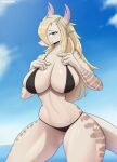  2022 absurd_res anthro big_breasts bikini black_bikini black_clothing black_swimwear blonde_hair blue_horn blush bodily_fluids breasts claws cleavage clothed clothing cloud cooliehigh dragon female giselle_(wizards_blue) hair hi_res horn lizard_tail multicolored_body scales scalie side_boob skimpy sky smile solo sweat swimwear tan_body tan_scales the_ancient_magus_bride the_ancient_magus_bride_wizards_blue water white_body white_scales 