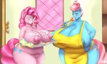  2022 5_fingers absurd_res anthro apron apron_only areola big_breasts blues64 blush breasts clothing cutie_mark digital_media_(artwork) duo equid equine eyebrows eyelashes female fingers friendship_is_magic grin handwear hasbro hi_res holding_object huge_breasts mammal mostly_nude mrs._cake_(mlp) my_little_pony nipples oven_mitts pinkie_pie_(mlp) smile 