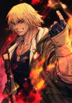  1boy beard blonde_hair brown_jacket dark_background dog_tags embers facial_hair fingerless_gloves fire gloves hungry_clicker index_finger_raised jacket ken_masters looking_at_viewer smile solo street_fighter street_fighter_6 thick_eyebrows upper_body 