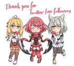  3girls bangs black_gloves blowing_kiss breasts chest_jewel chibi earrings feichu_keju fingerless_gloves fiora_(xenoblade) gloves highres jewelry large_breasts mio_(xenoblade) multiple_girls pyra_(xenoblade) red_eyes red_hair red_shorts short_hair short_shorts shorts swept_bangs thighhighs tiara xenoblade_chronicles_(series) xenoblade_chronicles_1 xenoblade_chronicles_2 xenoblade_chronicles_3 