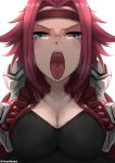  1girl absurdres blue_eyes blush breasts cleavage code_geass commentary english_commentary headband highres kallen_stadtfeld looking_at_viewer open_clothes open_mouth oral_invitation red_hair solo tomodachi_(tomofanart) tongue tongue_out 