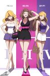  3girls bag beauty_(pokemon) blonde_hair breasts brown_hair cleavage hand_in_own_hair hand_on_hip handbag high_heels highres holding holding_bag legs long_hair looking_at_viewer low_neckline miniskirt multiple_girls pokemon pokemon_(game) pokemon_dppt pokemon_frlg pokemon_hgss pumps shoes skirt vivivoovoo 