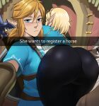  1boy 1girl :| absurdres blonde_hair blue_eyes blue_shirt blush brown_hair closed_mouth duplicate english_text hair_between_eyes he_wants_to_order_(meme) highres link looking_at_viewer meme non-web_source nose_blush pointy_ears princess_zelda shirt the_legend_of_zelda the_legend_of_zelda:_breath_of_the_wild 