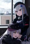  2girls absurdres aqua_eyes bangs beret black_gloves black_headwear blue_hair breasts building cloud cloudy_sky energy_drink g11_(girls&#039;_frontline) german_flag girls&#039;_frontline gloves grey_eyes grey_hair hair_ornament hairclip hand_on_own_cheek hand_on_own_face hat highres hinami047 hk416_(girls&#039;_frontline) light_blue_hair long_hair long_sleeves looking_at_another looking_away medium_breasts multiple_girls one_eye_closed open_mouth red_bull scenery sidelocks sitting sky tactical_clothes teardrop_facial_mark teardrop_tattoo upper_body window 
