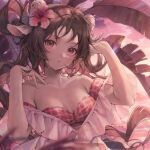  1girl animal_ears arknights bangs bikini breasts commentary douya_(233) evening eyjafjalla_(arknights) eyjafjalla_(summer_flowers)_(arknights) flower hair_flower hair_ornament hibiscus horns long_hair looking_at_viewer medium_breasts multicolored_hair off-shoulder_bikini off_shoulder official_alternate_costume outdoors parted_lips pink_bikini pink_eyes pink_flower pink_hair plaid plaid_bikini plant sheep_ears sheep_girl sheep_horns solo swimsuit symbol-only_commentary upper_body very_long_hair wet wet_hair 