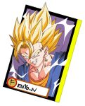  1boy blonde_hair dragon_ball dragon_ball_z earrings electricity fenyon green_eyes grin highres jewelry male_focus potara_earrings smile solo spiked_hair super_saiyan super_saiyan_1 upper_body vegetto 