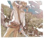  1boy aqua_eyes belt blonde_hair border brown_pants cowboy_shot earrings forest hair_between_eyes jewelry link long_sleeves looking_to_the_side low_ponytail male_focus medium_hair nature nocoyaki outdoors pants pointy_ears shirt shoulder_strap sidelocks solo sweat the_legend_of_zelda the_legend_of_zelda:_breath_of_the_wild torn_clothes torn_shirt tree white_shirt wiping_mouth 