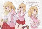  1girl ahoge akamatsu_kaede backpack bag bangs blonde_hair bouquet breasts calf_socks collared_shirt crossed_arms danganronpa_(series) danganronpa_v3:_killing_harmony dated flower full_body grey_background hair_ornament hand_over_eye happy_birthday holding holding_bouquet long_hair long_sleeves looking_at_viewer looking_to_the_side medium_breasts multiple_views musical_note musical_note_hair_ornament necktie nocoyaki open_mouth orange_necktie pink_sweater_vest purple_eyes red_skirt shirt skirt smile sweater_vest swept_bangs upper_body white_bag white_flower white_shirt 