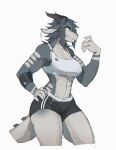  abs anthro black_bottomwear black_clothing black_shorts blue_eyes bottomwear bra breasts clothing colored colored_sketch dragon ear_piercing female grey_body grey_hair grey_scales gym_bottomwear gym_clothing gym_shorts hair hand_on_hip hi_res horn jewelry long_hair markings messy_hair multicolored_body multicolored_clothing multicolored_scales muscular muscular_anthro muscular_arms muscular_female notglacier piercing raised_arm scales scalie shaded shorts simple_background simple_face simple_shading sketch solo spiked_tail spikes spikes_(anatomy) sports_bra thick_thighs topwear underwear white_background white_body white_clothing white_markings white_scales white_topwear zel_(notglacier) 