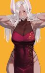  1girl absurdres animal_ears armpits arms_up boku_no_hero_academia china_dress chinese_clothes condom condom_in_mouth condom_wrapper cowboy_shot dark-skinned_female dark_skin dress hair_over_one_eye hands_in_hair highres long_eyelashes long_hair mirko mouth_hold muscular muscular_female rabbit_ears rabbit_girl ratatatat74 simple_background toned white_hair 