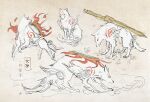  amaterasu_(ookami) animal body_markings fighting_stance fire glaive_(ookami) grey_background multiple_views no_humans nocoyaki ookami_(game) open_mouth reflector_(ookami) shield sitting sketch standing sword tire tongue tongue_out weapon white_wolf wolf 