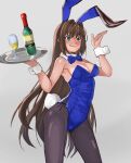  1girl animal_ears aozaki_aoko biting black_pantyhose blue_bow blue_bowtie blue_eyes blue_leotard blush bottle bow bowtie breasts brown_hair cleavage commentary_request contrapposto cup detached_collar drinking_glass embarrassed genshu_doki grey_background hair_intakes highres large_breasts leotard lip_biting long_hair mahou_tsukai_no_yoru nose_blush pantyhose playboy_bunny rabbit_ears rabbit_tail solo standing strapless strapless_leotard tail tray wine_bottle wine_glass wrist_cuffs 