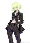  alternate_costume bangs black_jacket black_pants choker formal green_hair hands_in_pockets jacket jewelry lee999nine lio_fotia pants parted_lips partially_unbuttoned pose promare purple_eyes short_hair sidelocks simple_background solo standing stomach suit unbuttoned white_background 