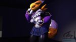  2022 3_fingers 3d_(artwork) anthro areola armwear aroused bandai_namco black_clothing blue_eyes bottomwear breasts clothed clothing detailed_background digimon digimon_(species) digital_media_(artwork) female fingers fur hand_on_breast hi_res holding_breast karouart legwear navel nipples open_mouth raised_tail renamon rubber rubber_clothing signature skirt solo source_filmmaker symbol white_body white_fur yellow_body yellow_fur 