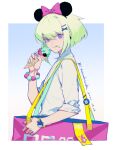  1boy alternate_costume bag bangs bead_bracelet beads bow bracelet closed_mouth double_scoop eating flame_print food food_on_face galo_thymos green_hair holding holding_food holding_ice_cream ice_cream jewelry kawashizuku lio_fotia looking_at_viewer male_focus minnie_mouse_ears multicolored_nails nail_polish promare purple_eyes short_hair shoulder_bag sidelocks solo tongue tongue_out 