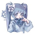  1girl backpack bag bangs blue_bow blue_eyes bow cropped_torso expressionless finger_to_eye grey_background hair_bow hand_to_own_face hand_up highres long_hair long_sleeves looking_at_viewer original simple_background solo tira_27 tongue tongue_out twintails white_bow 