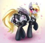  &lt;3 absurd_res bell blonde_hair blurred_background blush bottomwear butt clothing cutie_mark derp_eyes derpy_hooves_(mlp) digital_media_(artwork) dock equid equine eyelashes feathered_wings feathers female feral friendship_is_magic gradient_background grey_body grey_feathers hair hasbro hi_res hooves looking_at_viewer looking_back looking_back_at_viewer maid_uniform mammal my_little_pony panties pegasus presenting ribbons rico_chan simple_background skirt smile underhoof underwear uniform wings yellow_eyes yellow_tail 