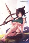  1girl animal_ears asymmetrical_legwear bangs bare_arms black_hair black_thighhighs blush breasts brown_eyes cat_ears cat_tail falling_petals final_fantasy final_fantasy_vii final_fantasy_vii_remake fishnet_thighhighs fishnets full_body green_shirt hair_between_eyes headband high_collar holding_shuriken lace-up_legwear large_breasts looking_at_viewer midriff mitsu_(mitsu_art) outdoors patreon_username petals shirt short_hair short_shorts shorts sitting sleeveless sleeveless_turtleneck solo tail thighhighs toeless_footwear turtleneck underboob white_background yuffie_kisaragi 