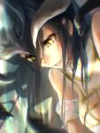  1girl absurdres albedo_(overlord) black_hair breasts cleavage demon_girl demon_horns detached_collar dress highres horns long_hair looking_down overlord_(maruyama) parted_lips slit_pupils solo upper_body white_dress white_horns xi_shui_fang yellow_eyes 