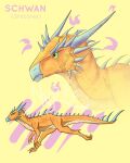  4:5 claws dinosaur feral green_eyes grey_horn hi_res horn male nuree_art reptile running scalie schwan_(nuree_art) simple_background solo spikes yellow_body 