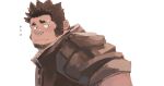  1boy bara big_nose blush brown_hair facial_hair flying_sweatdrops from_side goatee jacket koto_(32456033) leather leather_jacket long_sideburns looking_at_viewer male_focus mature_male original short_hair sideburns solo spiked_hair upper_body worried 
