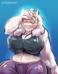  2022 anthro big_breasts bodily_fluids boss_monster bovid breasts caprine cleavage clothed clothing eyes_closed female fur goat hi_res mammal mature_female midriff sitting solo sweat thedarkzircon toriel undertale undertale_(series) video_games white_body white_fur 