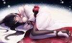  absurdres black_hair black_thighhighs bound highres japanese_clothes kimono long_hair no_shoes red_eyes snow suryua thighhighs white_kimono white_thighhighs 