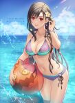  1girl ball bare_shoulders bikini black_hair blue_sky bomb_(final_fantasy) bracelet breasts cleavage cloud cloudy_sky cowboy_shot earrings final_fantasy final_fantasy_vii final_fantasy_vii_remake flower hair_flower hair_ornament hand_up holding holding_ball horizon jewelry large_breasts long_hair looking_at_viewer midriff nail_polish navel ocean ohse open_mouth red_eyes sky solo stomach swimsuit tan tanlines tifa_lockhart water 