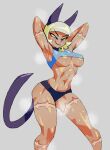  2022 :3 animal_humanoid athletic athletic_female athletic_humanoid bell bell_collar big_breasts blue_eyes bodily_fluids bottomwear breasts brown_body brown_skin cat_humanoid cel_shading clothed clothing collar crop_top dark_body digital_media_(artwork) fangs felid felid_humanoid feline feline_humanoid female grey_background hair hands_behind_head hi_res hotpants humanoid looking_down mammal mammal_humanoid midriff musk nadia_fortune navel noonun portrait scar shaded shirt short_hair shorts simple_background skimpy skullgirls smile snaggle_tooth solo steam sweat sweaty_breasts tan_body tan_skin three-quarter_portrait topwear under_boob video_games white_hair 