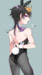  1boy ass back bare_back black_hair highres kokuchuutei looking_back male_focus male_playboy_bunny multicolored_hair nijisanji nijisanji_en open_mouth otoko_no_ko playboy_bunny purple_eyes rabbit_tail shu_yamino solo streaked_hair tail virtual_youtuber wristband 