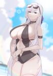  1girl arm_strap azur_lane bangs belfast_(azur_lane) black_one-piece_swimsuit blue_eyes blue_ribbon braid breasts cleavage cleavage_cutout clothing_cutout cloud cloudy_sky eyebrows_hidden_by_hair eyewear_on_head hair_ribbon highres in_water large_breasts long_hair looking_at_viewer mogi_yasunobu navel one-piece_swimsuit ribbon side_braid sky solo stomach stomach_cutout sunglasses swept_bangs swimsuit thighs water white_hair 