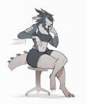  anthro arm_on_table breasts chair clothed clothing colored colored_sketch crossed_legs dragon ear_piercing female furniture grey_body grey_hair grey_scales gym_clothing hair hi_res horn jewelry markings messy_hair multicolored_body multicolored_scales multicolored_skin muscular muscular_anthro muscular_female notglacier on_chair piercing scales scalie shaded simple_background simple_shading sitting sitting_on_chair sketch smile smirk solo spiked_tail spikes spikes_(anatomy) thick_thighs white_background white_body white_markings white_scales zel_(notglacier) 