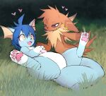  &lt;3 3_fingers 4_toes absurd_res amber_eyes blue_body blue_fur brown_body brown_fur cute_fangs detailed_background duo ear_piercing eeveelution featureless_crotch feet female feral fingers fur generation_1_pokemon grass hand_on_foot hand_on_hand hi_res jolteon looking_at_another lying male male/female nintendo on_back open_mouth pawpads paws piercing plant pokemon pokemon_(species) red_eyes ruka_vaporeon tan_body tan_fur thick_tail thick_thighs toes tongue unknown_artist vaporeon video_games 