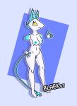  absurd_res anthro areola blackgt blue_areola blue_ears blue_fingers blue_tail breasts deltarune disembodied_hand female genitals hi_res medium_breasts no_pupils pussy simple_background smile solo tasque_manager undertale_(series) video_games white_body yellow_eyes 