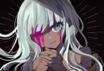  1girl :3 artist_name bare_shoulders black_background blood blood_on_face danganronpa_(series) danganronpa_v3:_killing_harmony dark-skinned_female dark_skin grey_eyes grey_hair jewelry long_hair mikao_(eanv5385) necklace own_hands_together pink_blood portrait shiny shiny_hair smile solo yonaga_angie 